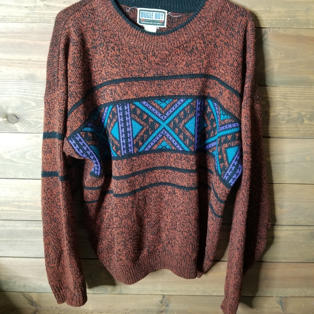 Vtg 80s Bugle Boy Southwestern Aztec Preppy Mens Sweater M-L Rust Heathered